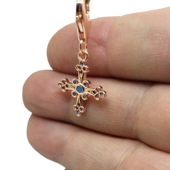 18KRG Plated Round Chalcedony Amethyst Ruby Emerald Celtic Cross Charm - Picture 2 of 6